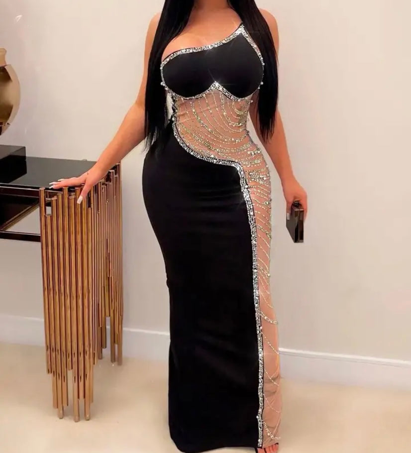 Women Sexy Sleeveless One Shoulder Bling Mesh Patchwork Maxi Dress