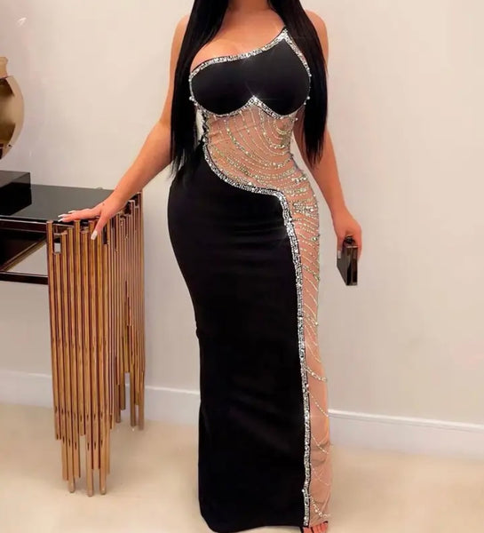 Women Sexy Sleeveless One Shoulder Bling Mesh Patchwork Maxi Dress