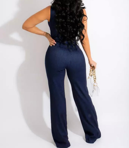 Women Sleeveless Fashion Front Zipper Denim Jumpsuit