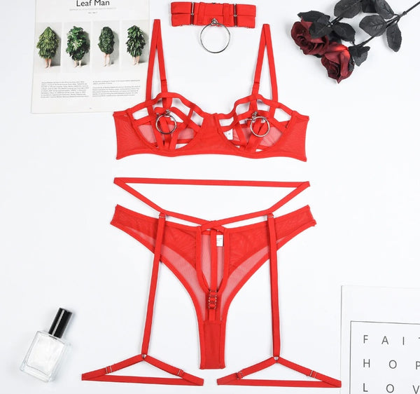 Women Sexy Metal Ring Mesh Hollow Out Lingerie Set