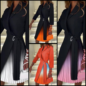 Women Fashion Full Sleeve Color Patchwork Pleated Blazer Dress