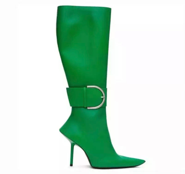 Women Pointed Toe Buckled Strap Knee High Boots