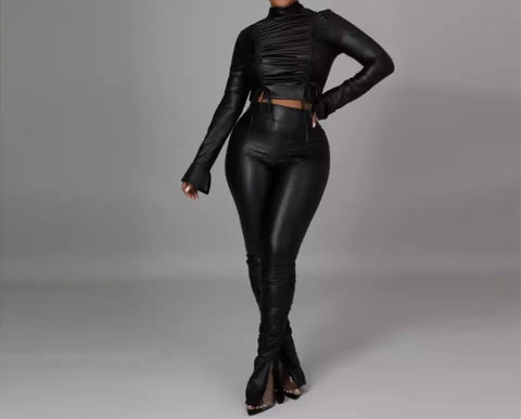 Women Fashion Sexy Faux Leather Two Piece Pant Set