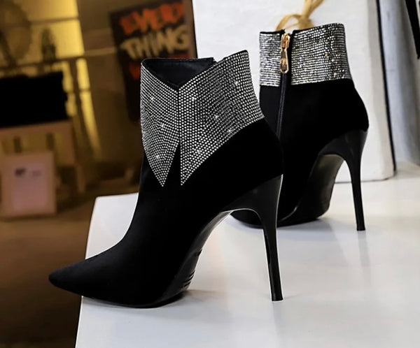 Women Pointed Toe Side Zipper Bling Patchwork Ankle Boots