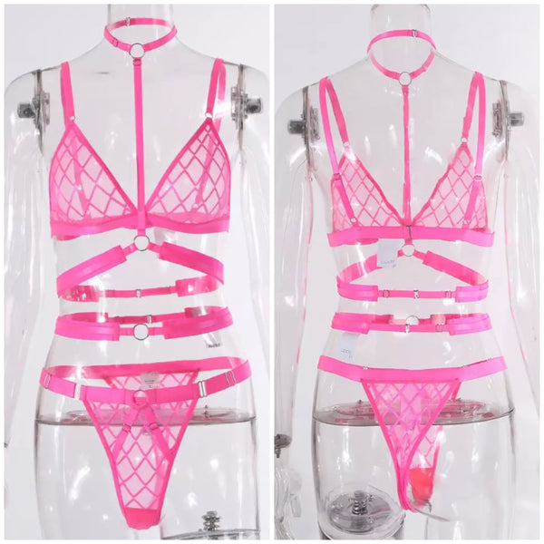 Women Sexy Mesh Pink Lingerie Set