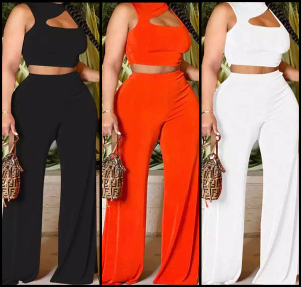 Women Sleeveless Solid Color Wide Leg Two Piece Pant Set