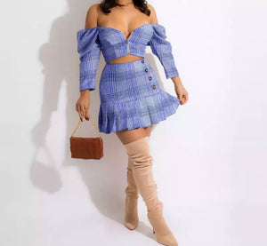 Women Off The Shoulder Sexy Plaid Two Piece Skirt Set