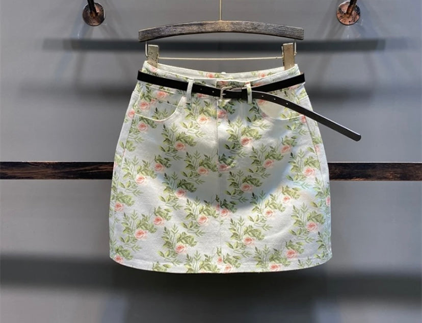 Women Fashion Floral Denim Skirt