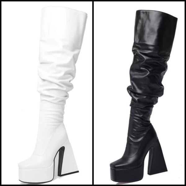 Women Faux Leather Fashion Ruched Over The Knee Boots