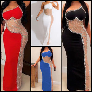 Women Sexy Sleeveless One Shoulder Bling Mesh Patchwork Maxi Dress