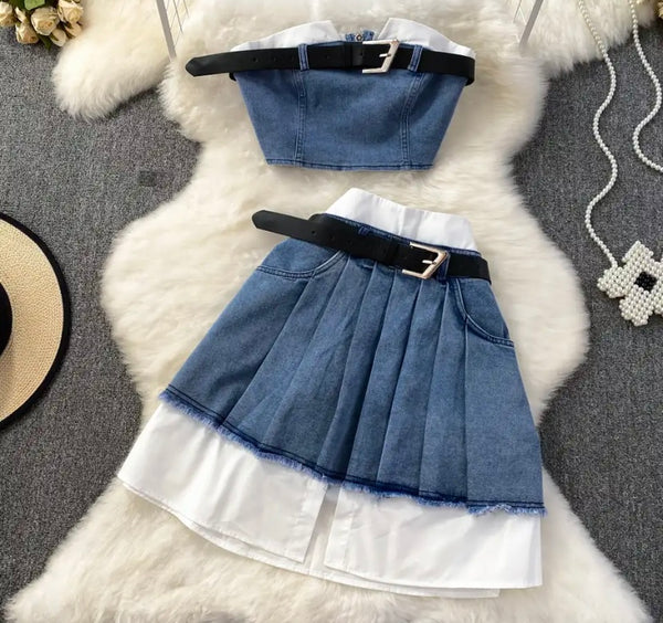 Women Sexy Buckled Strapless Pleated Two Piece Skirt Set