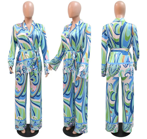 Women Printed Sexy Three Piece Wide Leg Pant Set