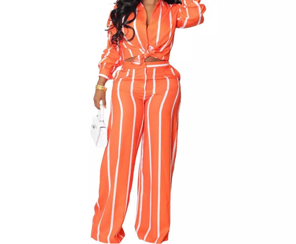 Women Fashion Full Sleeve Striped Button Up Two Piece Pant Set
