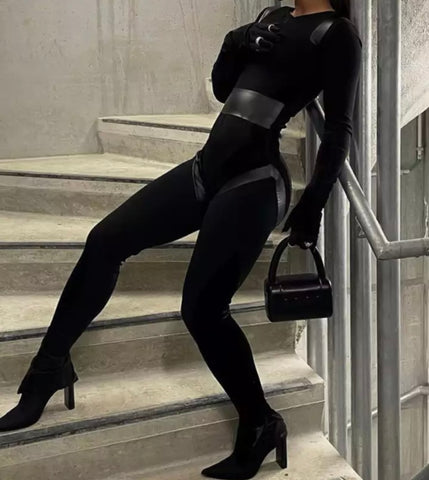 Women Black Fashion PU Patchwork Full Sleeve Glove Jumpsuit
