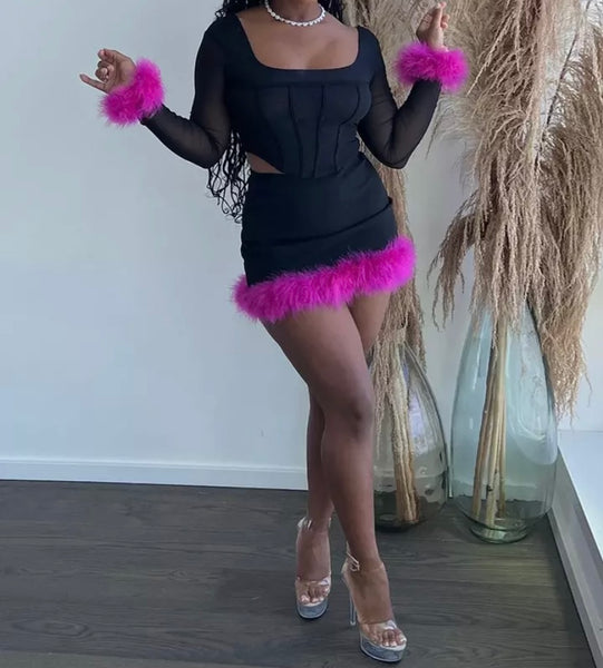 Women Fashion Full Sleeve Feather Two Piece Skirt Set