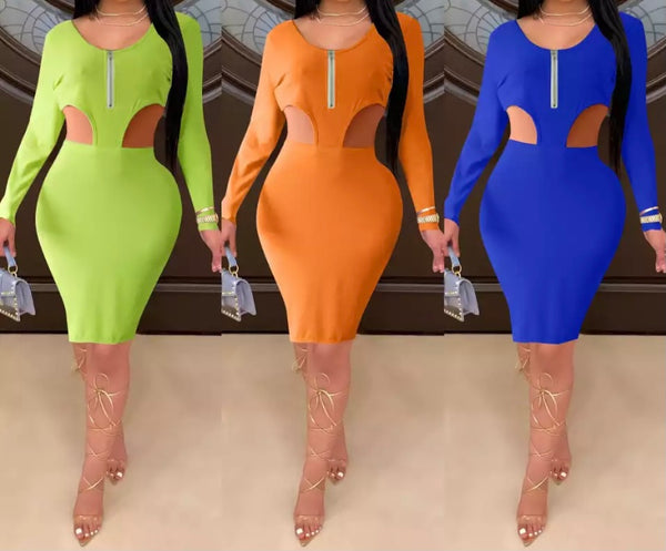 Women Sexy Solid Color Long Sleeve Cut Out Dress