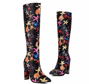 Women Multicolored Print Pointed Toe Knee High Boots