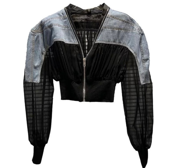 Women Denim Mesh Patchwork Fashion Crop Jacket