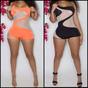 Women Sexy Sleeveless Solid Color Mesh Patchwork Romper