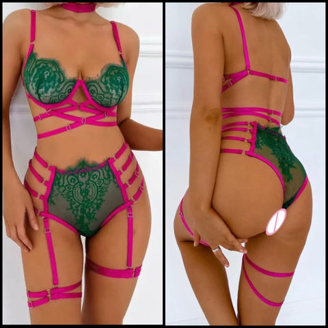 Women Sexy Color Patchwork Lace Lingerie Set