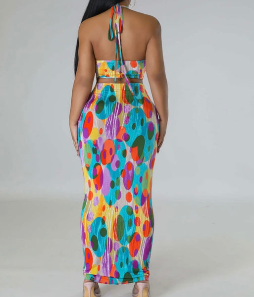Women Halter Multicolored Print Cut Out Maxi Dress