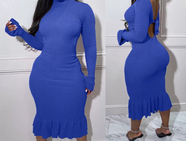 Women Ribbed Turtleneck Full Sleeve Sexy Open Back Dress