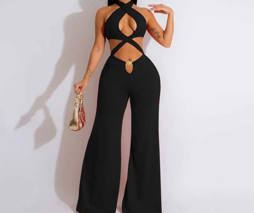Women Sexy Sleeveless Criss Cross Halter Cut Out Jumpsuit