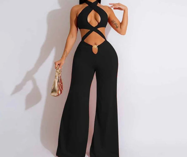 Women Sexy Sleeveless Criss Cross Halter Cut Out Jumpsuit