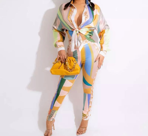 Women Colorful Chain Print Two Piece Button Up Pant Set