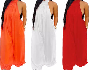Women Fashion Solid Color Backless Wide Leg Jumpsuit
