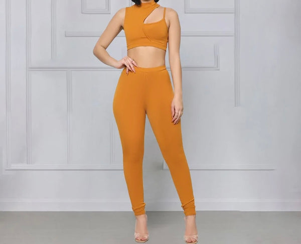 Women Sleeveless Solid Color Crop Two Piece Pant Set
