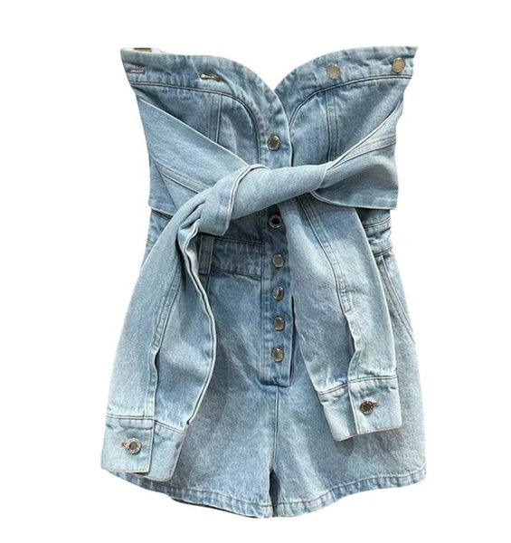 Women Fashion Button Tie Up Denim Romper