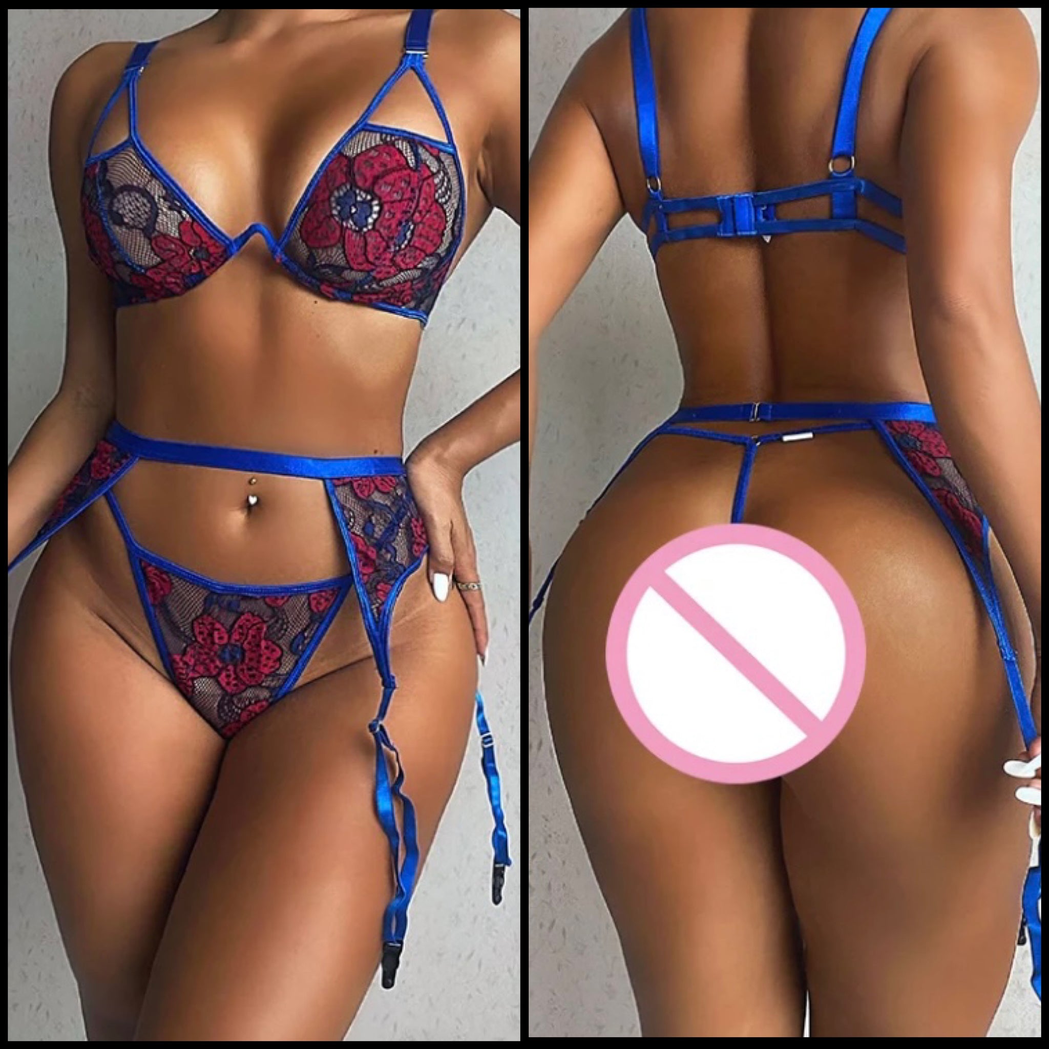 Women Sexy Blue Rose Mesh Lingerie Set