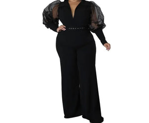 Women Sexy Mesh Full Sleeve Solid Color Belted Jumpsuit