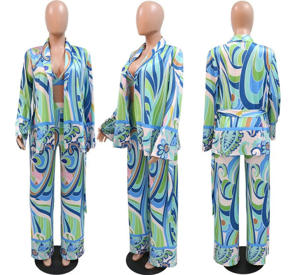 Women Printed Sexy Three Piece Wide Leg Pant Set