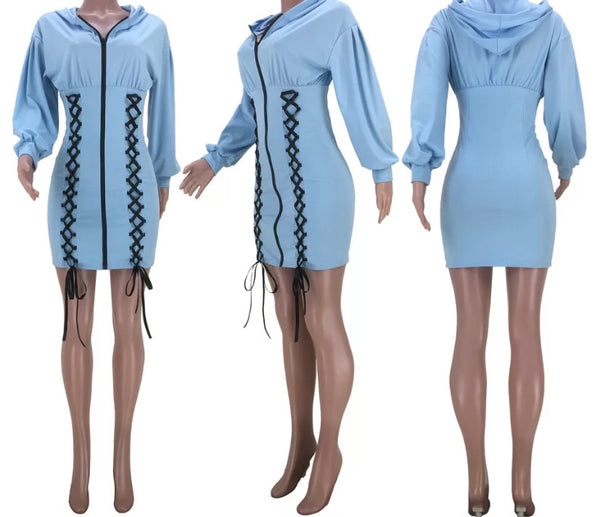 Women Fashion Hooded Lace Up Front Zipper Dress