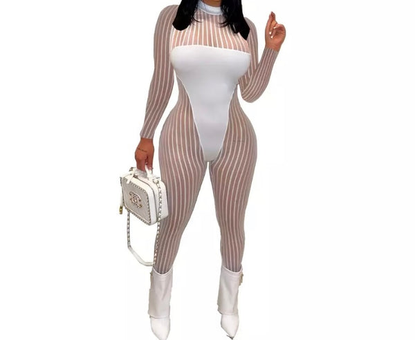 Women Sexy Mesh Striped Patchwork Full Sleeve Fashion Jumpsuit