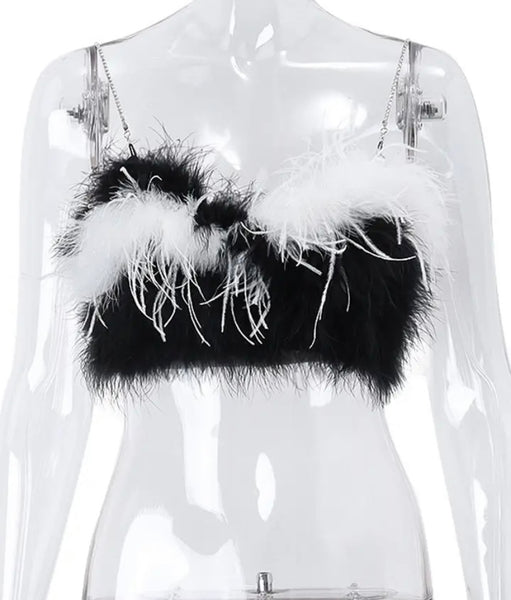 Women Sexy Sleeveless B&W Faux Fur Crop Top