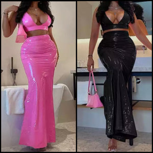 Women Sexy Sleeveless PU Crop Two Piece Maxi Skirt Set