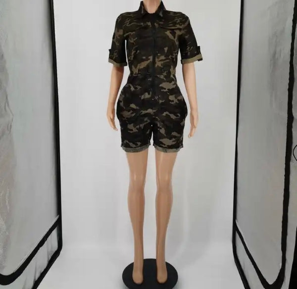 Women Fashion Button Up Short Sleeve Camouflage Romper