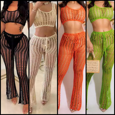 Women Sexy Sleeveless Knitted Two Piece Beachwear Pant Set