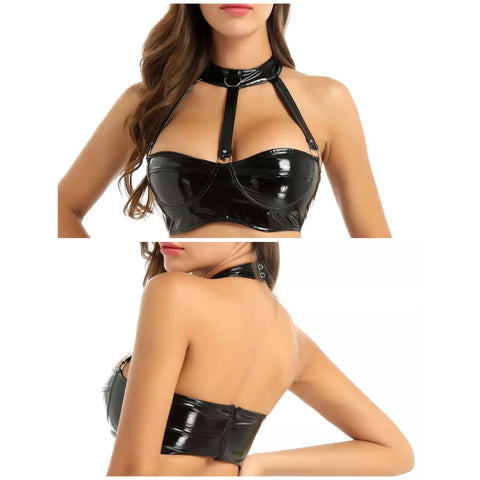 Women Sexy Fashion PU Halter Crop Top