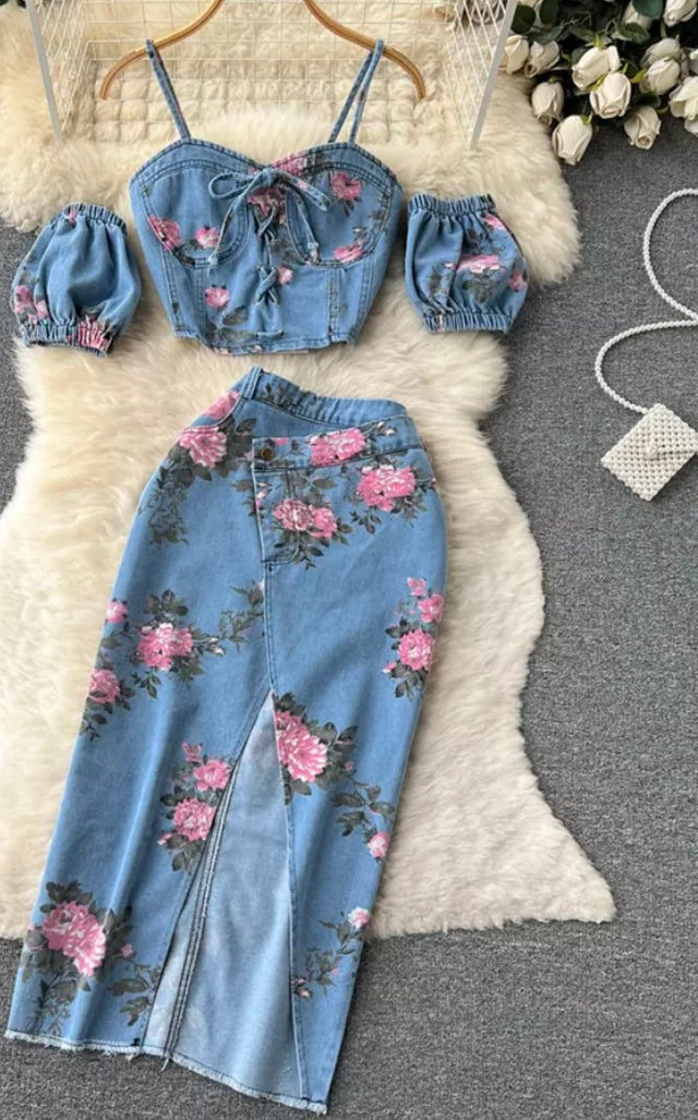 Women Fashion Sleeveless Floral Denim Two Piece Maxi Skirt Set
