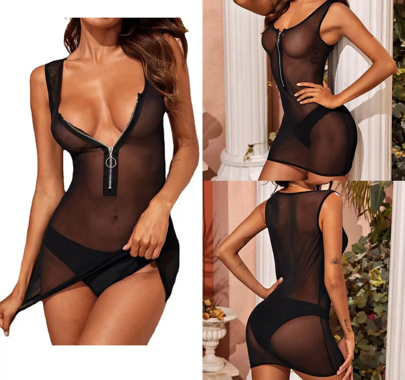 Women Black Sexy Mesh Sleeveless Front Zipper Dress Lingerie Set