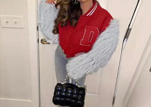 Women Fashion Faux Fur Sleeve Varsity Jacket