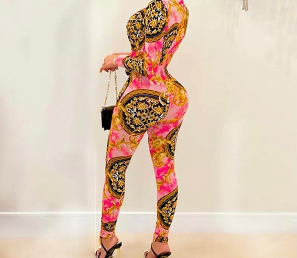 Women Colorful Print Deep V-Neck Sexy Fashion Jumpsuit