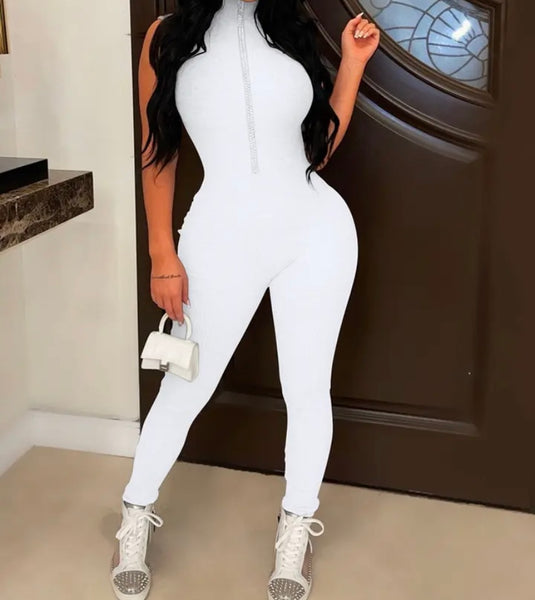 Women Sleeveless Fashion Front Zipper Jumpsuit