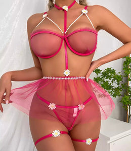 Women Sexy Mesh Sunflower Three Piece Lingerie Set