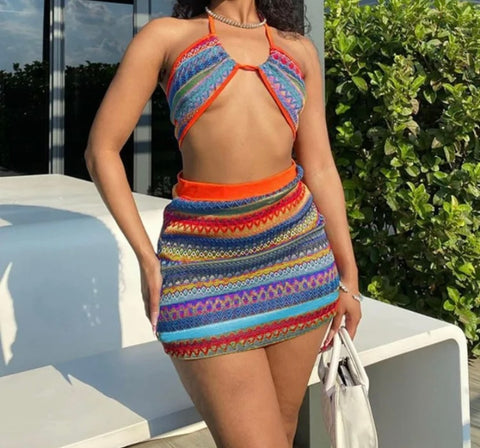 Women Sexy Multicolored Striped Halter Two Piece Skirt Set