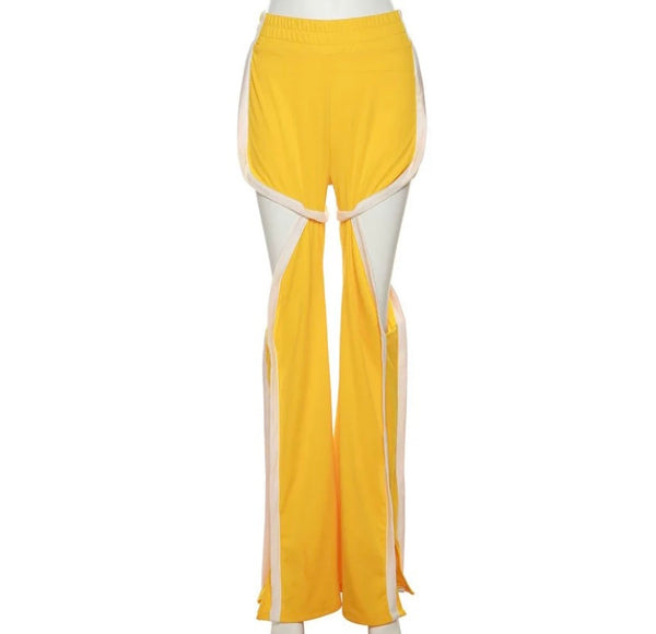 Women Fashion Yellow Striped Cut Out Pants